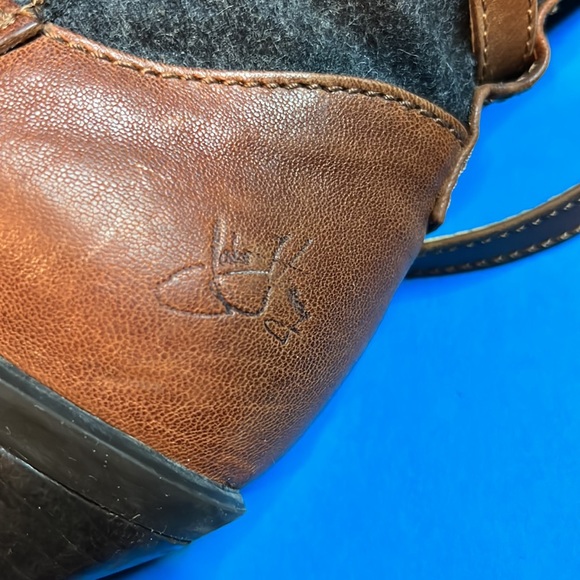 John Fluevog Truth double strap ankle boot. Brown saddle leather and grey wool. - Picture 5 of 10